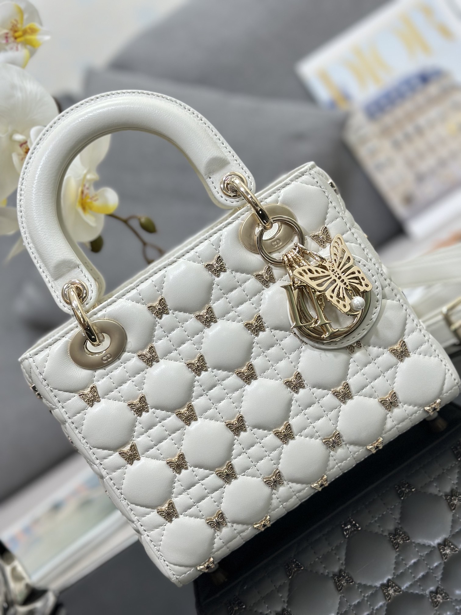 Small Lady Dior Bag White Lambskin with Butterfly Nail